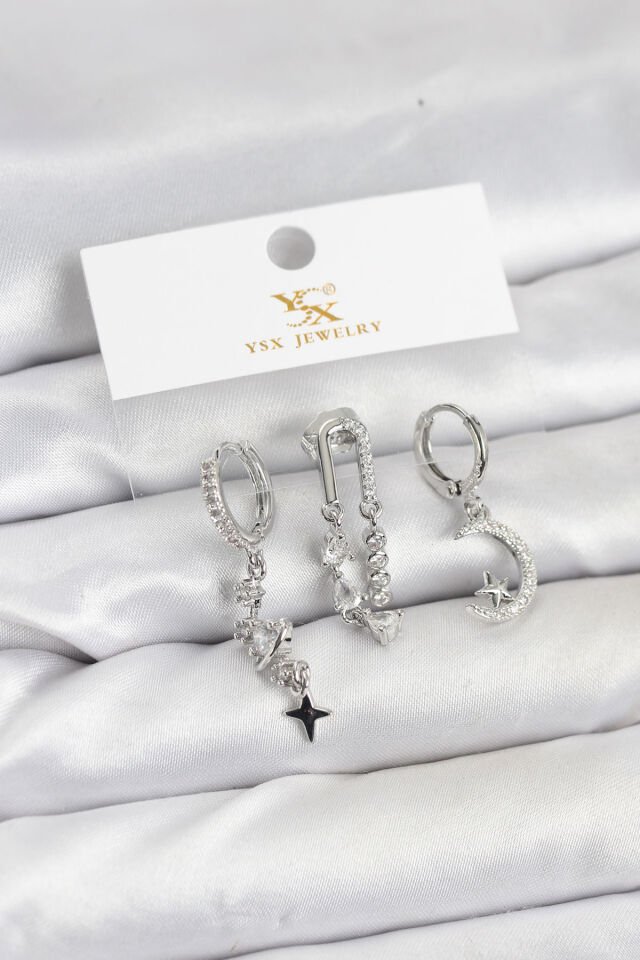 Pirinç Gümüş Renk Zirkon Taşlı Uzay Model YSX Trio Küpe Seti - Lisinya