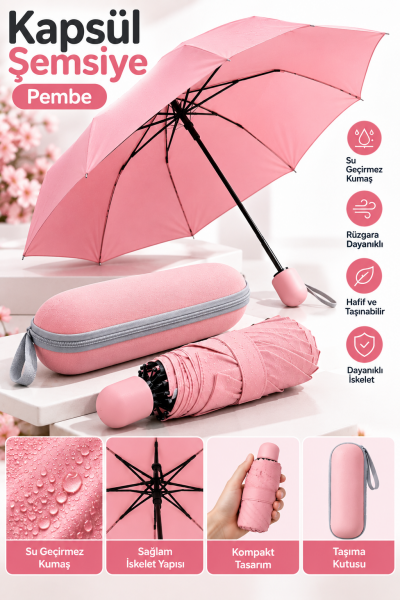 Pembe Kapsül Tasarımlı Kompakt Şemsiye Taşınabilir Koruyucu Kılıflı Pratik Kullanım