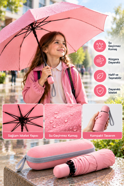 Pembe Kapsül Tasarımlı Kompakt Şemsiye Taşınabilir Koruyucu Kılıflı Pratik Kullanım