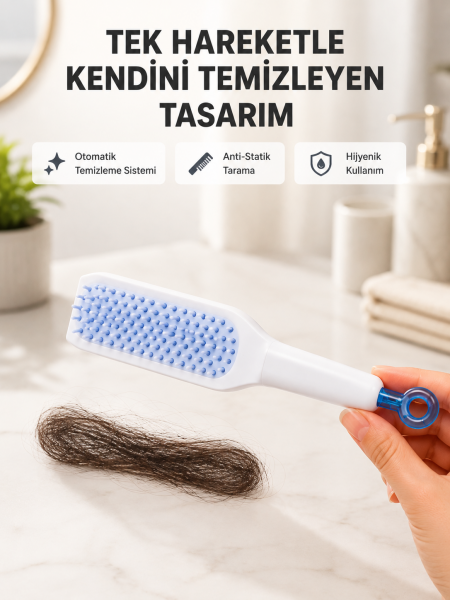 Kendi Kendini Temizleyen Saç Tarağı – Anti-Statik, Silikon Uçlu, ABS Malzeme, 22x4 cm - Lisinya