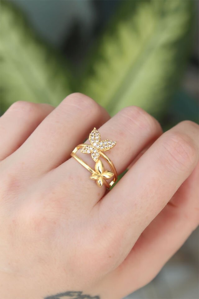 Pirinç Gold Renk Ayarlanabilir Zirkon Taşlı Kelebek Yüzük - Lisinya