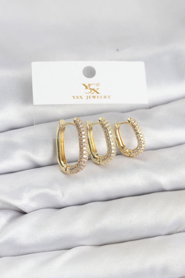 Pirinç Gold Renk Zirkon Taşlı Halka Model YSX Trio Küpe Seti - Lisinya