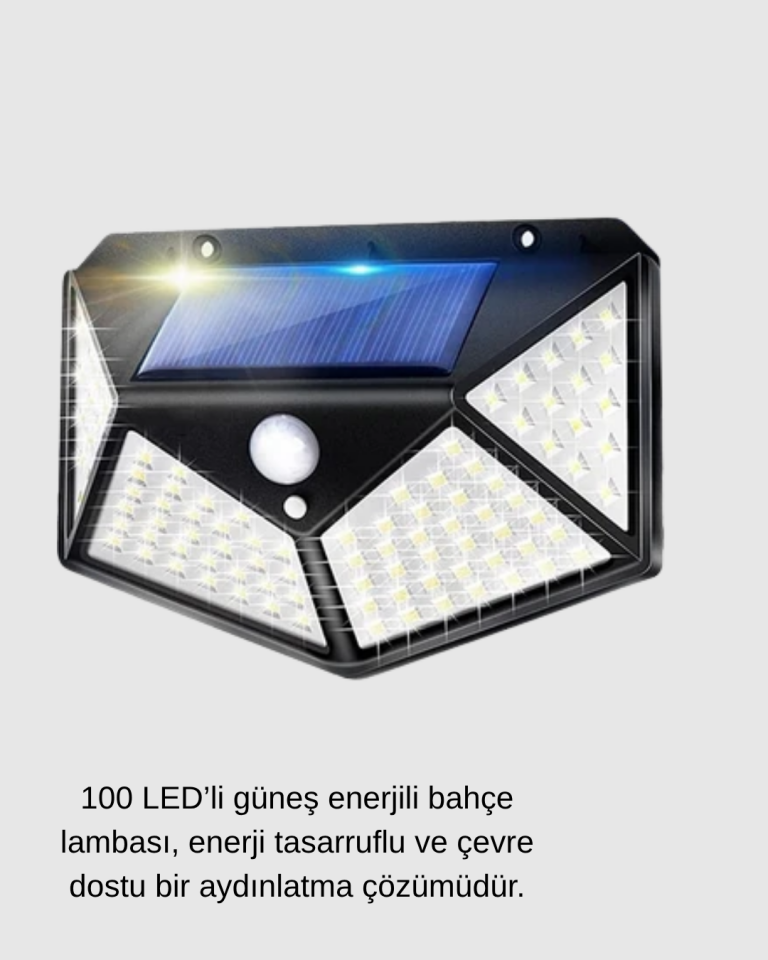 Güneş Enerjili 100 LED Dış Mekan Lamba – Hareket Sensörlü, 2200mAh Bataryalı Solar Aydınlatma - Lisinya