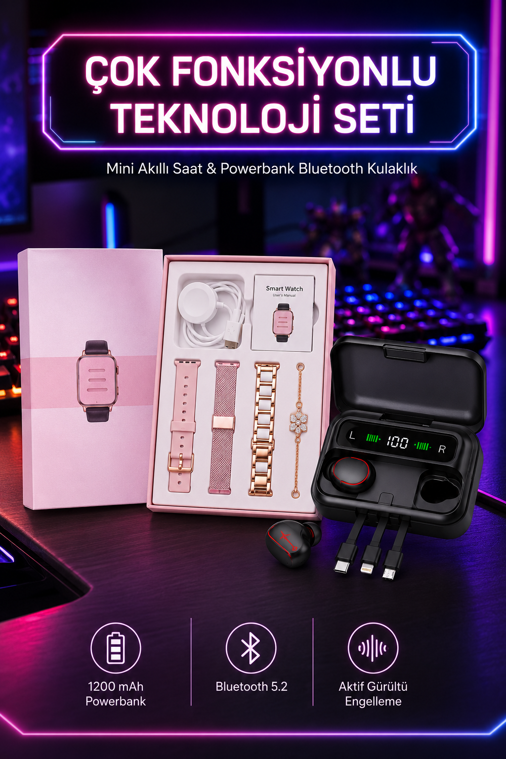 Powerbank Özellikli Bluetooth Kulaklık ve Nabız Ölçer Akıllı Saat Bileklik Hediyeli - Lisinya