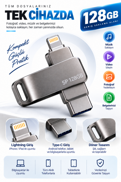 Çoklu Girişli 128GB Lightning Type C USB Flash Bellek Telefon Tablet ve Bilgisayar Uyumlu