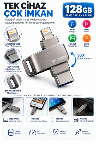 Çoklu Girişli 128GB Lightning Type C USB Flash Bellek Telefon Tablet ve Bilgisayar Uyumlu