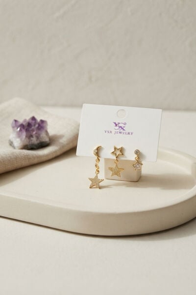 Pirinç Gold Renk Ay ve Yıldız Gece Model Kadın Küpe Seti - Lisinya