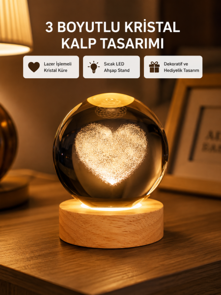Romantik Kalpli Kristal Cam Küre USB’li Işıklı Dekoratif Obje - Lisinya