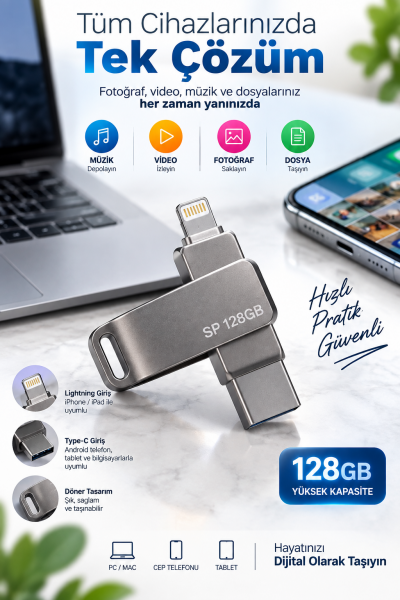 Döner Tasarımlı 128GB Lightning Type C USB Flash Bellek Telefon Tablet ve Bilgisayar Uyumlu