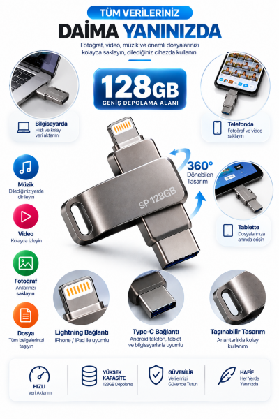 Kompakt Tasarımlı 128GB Çok Amaçlı USB Flash Bellek Lightning Type C Girişli Taşınabilir Depolama