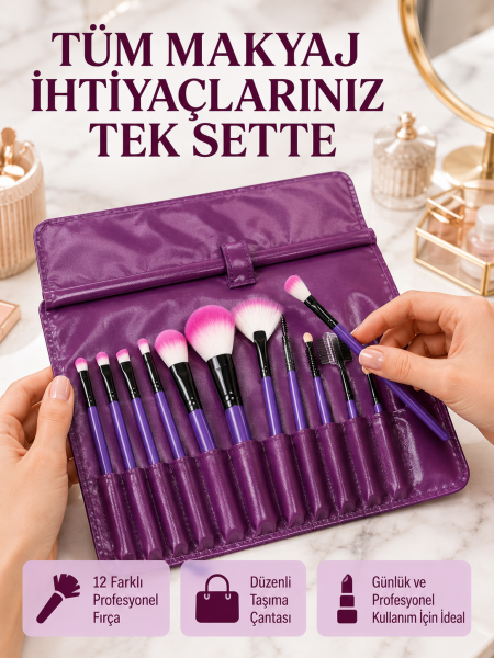 Yumuşak Fiber Kıllardan Oluşan 12'li Makyaj Fırçası Seti Göz Farı Allık ve Kontür İçin - Lisinya