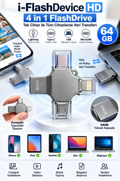 Fotoğraf Video Müzik ve Belgelerinizi Aktarmak İçin 64GB 4 Girişli Telefon Tablet Bilgisayar Uyumlu Bellek
