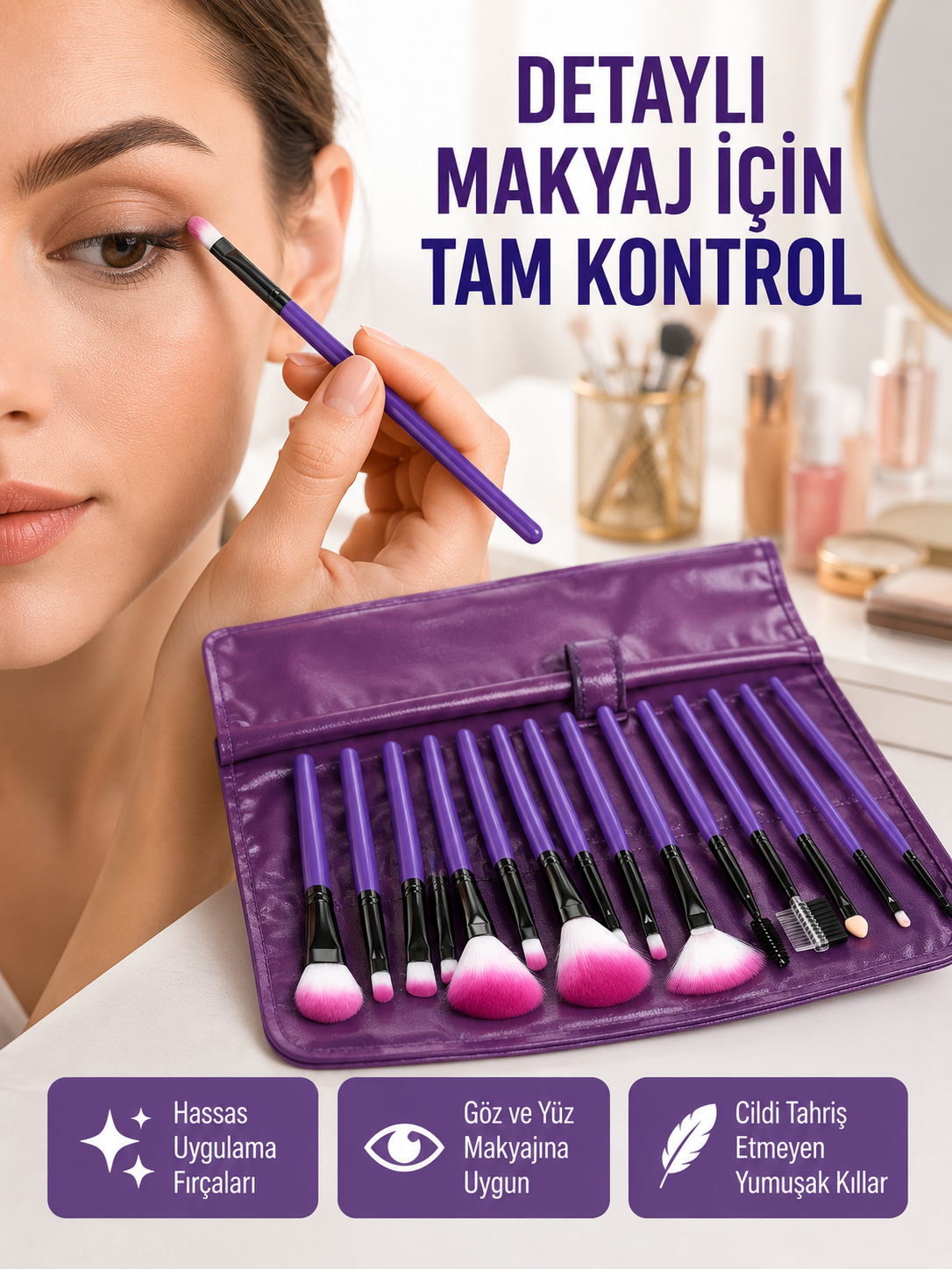 Fondöten, Allık ve Far Uygulamalarına Uygun 12 Parça Makyaj Fırça Takımı Ergonomik Saplı - Lisinya