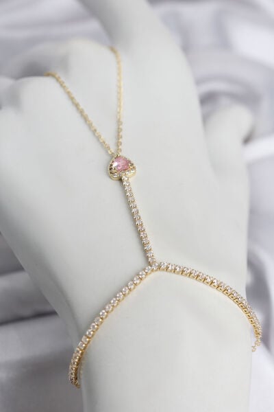 Gold Renk Pirinç Zirkon Taşlı Pembe Kalp Model Şahmeran - Lisinya