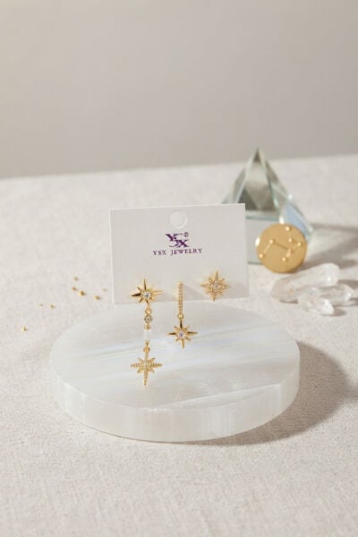 Pirinç Gold Renk Zirkon Taşlı Kutup Yıldızı Model Kadın Küpe Seti - Lisinya
