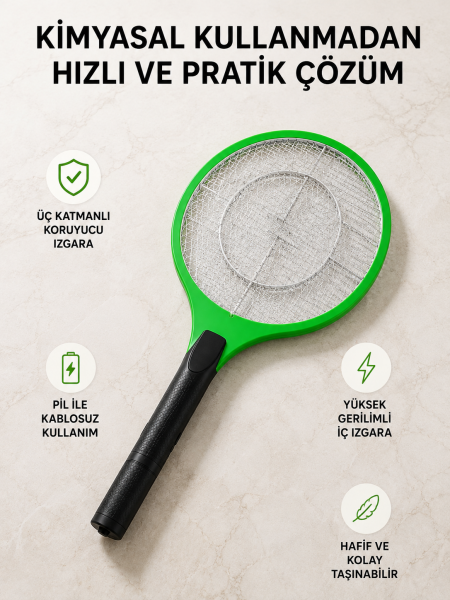 Taşınabilir Elektronik Sineklik – Üç Katmanlı Güvenli Izgara ve Kimyasız Koruma - Lisinya