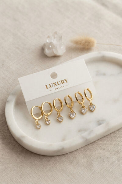 Kalp Zirkon Taşlı Gold Renk Pirinç Set Küpe - Lisinya