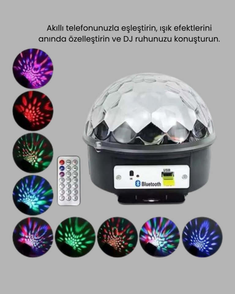 Bluetooth Kontrollü Masaüstü Disko Topu Işığı – Renkli LED Işık Gösterisi ve Uzaktan Kumanda - Lisinya
