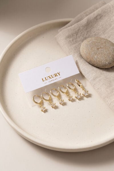Yıldız Zirkon Taşlı Gold Renk Pirinç Set Küpe - Lisinya
