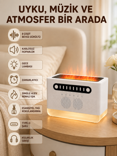Simüle Alev Efektli Kablosuz Hoparlör Zamanlayıcılı Gece Lambası - Lisinya