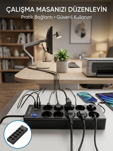 Akım Korumalı 10'lu Çoklu Priz USB-A ve Type-C Şarj Çıkışlı - Lisinya