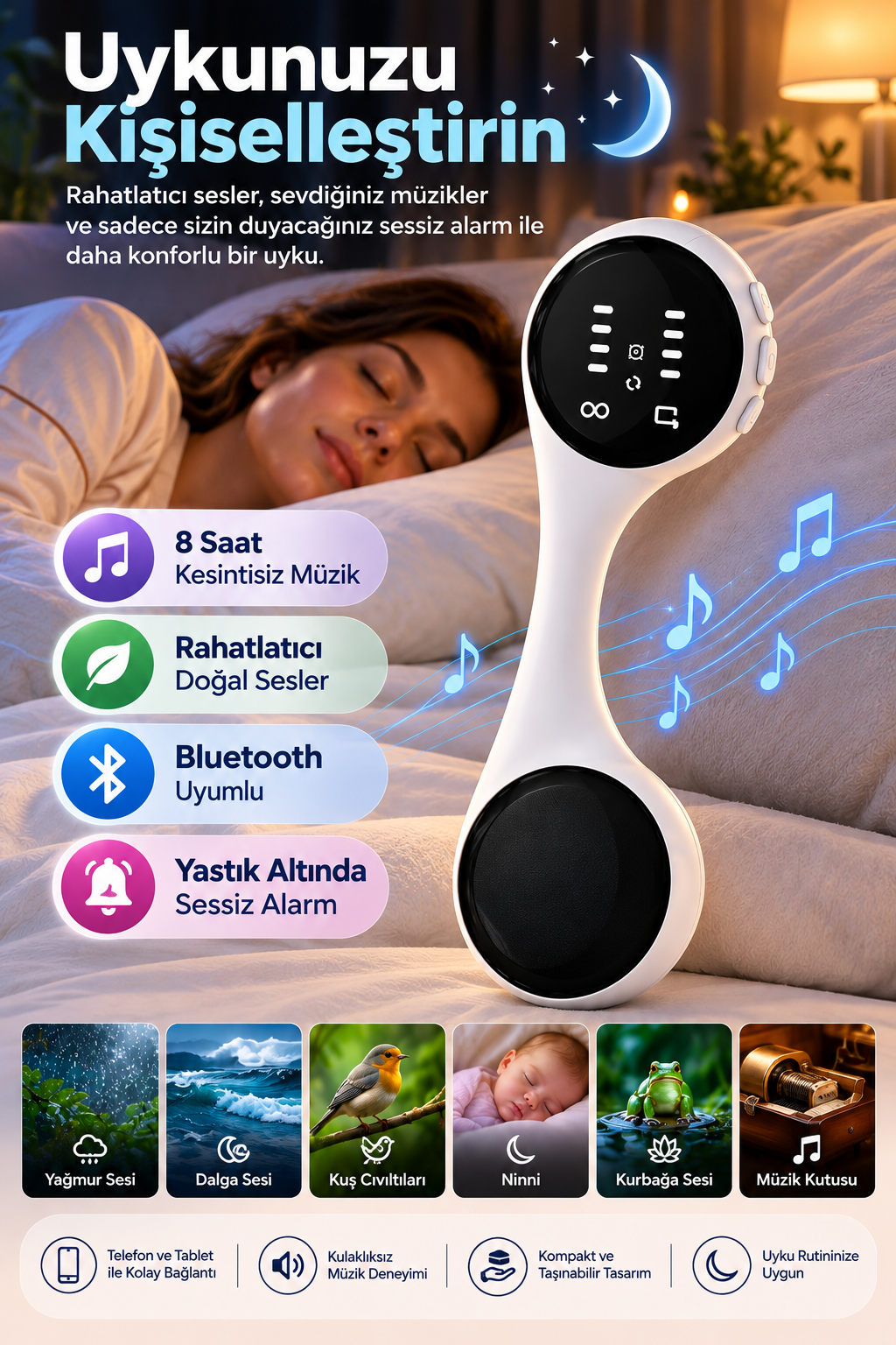 Bluetooth Uyumlu Yastık Altı Uyku Hoparlörü Sessiz Alarm Doğal Sesler 8 Saat Müzik Dinleme