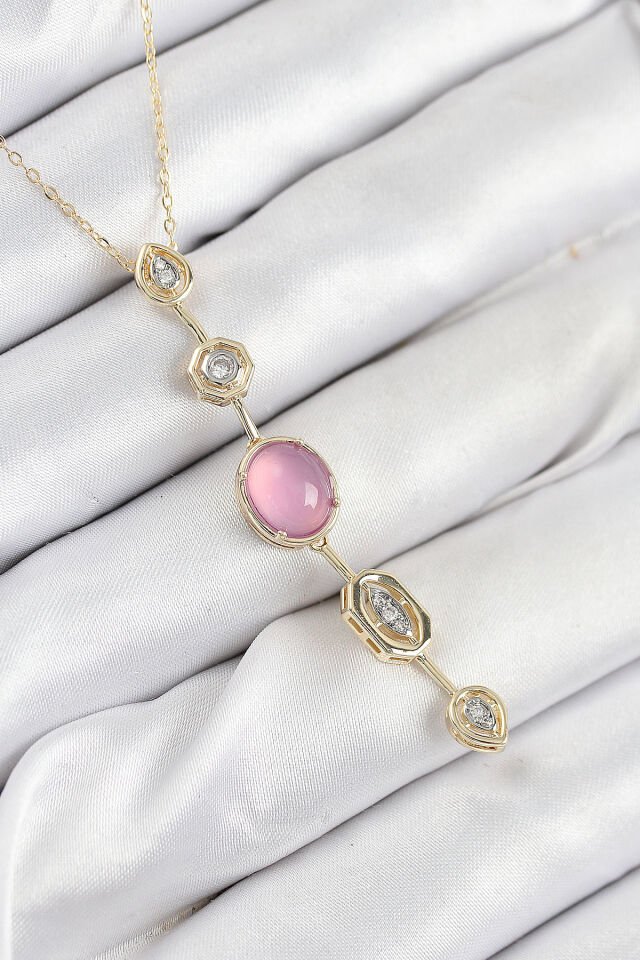 Pirinç Zincir Pembe Gold Renk Zirkon Taşlı Y Kolye - Lisinya