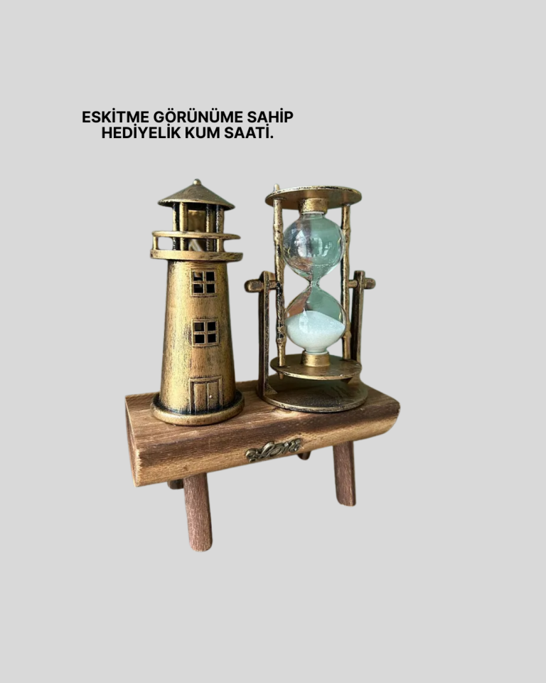 Vintage Kum Saati + Deniz Feneri Modeli – Ahşap Gövdeli Masa Üstü Dekor - Lisinya