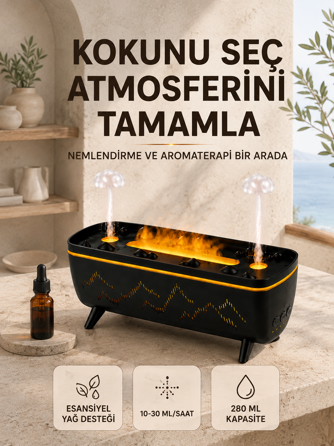 Uzaktan Kumandalı Hava Nemlendirici Aromaterapi Difüzörü 2 4 8 Saat Zamanlayıcılı Siyah - Lisinya