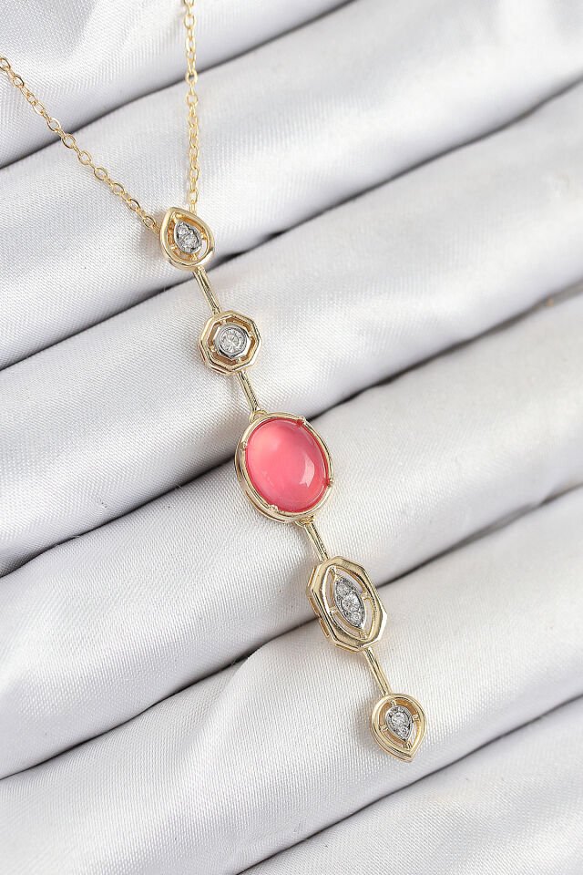 Pirinç Zincir Pembe Gold Renk Zirkon Taşlı Y Kolye - Lisinya