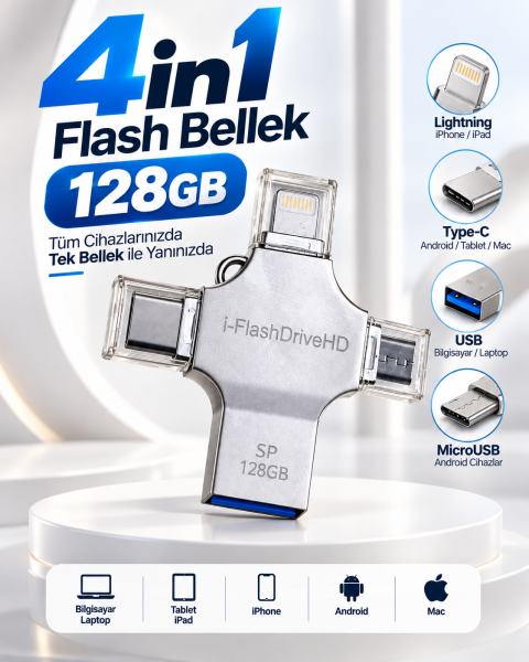 Çoklu Cihaz Uyumlu 128GB 4in1 USB Flash Bellek Lightning Type-C USB-A MicroUSB