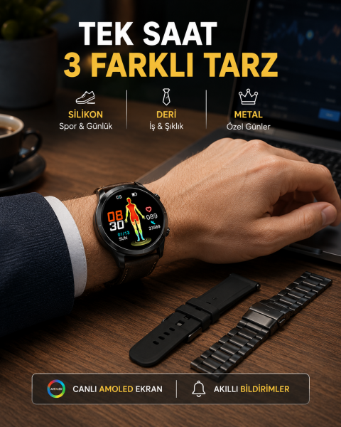 AMOLED Ekranlı Akıllı Saat – 3 Kordon Seçenekli, Suya Dayanıklı, Kalp Atış ve Uyku Takip Özellikli - Lisinya