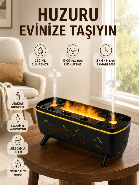 Jöle Yağmur Efektli Hava Nemlendirici 280 ML Aromaterapi Difüzörü Alev Efektli - Lisinya