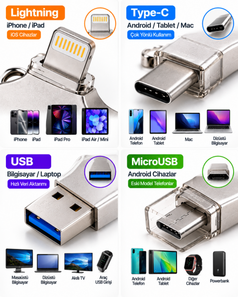 128GB 4’lü Girişli Flash Bellek Lightning Type-C USB-A MicroUSB Telefon Tablet Bilgisayar Uyumlu