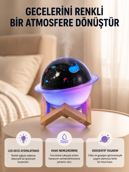 Gece lambası özellikli taşınabilir nemlendirici ve aromaterapi cihazı USB girişli - Lisinya