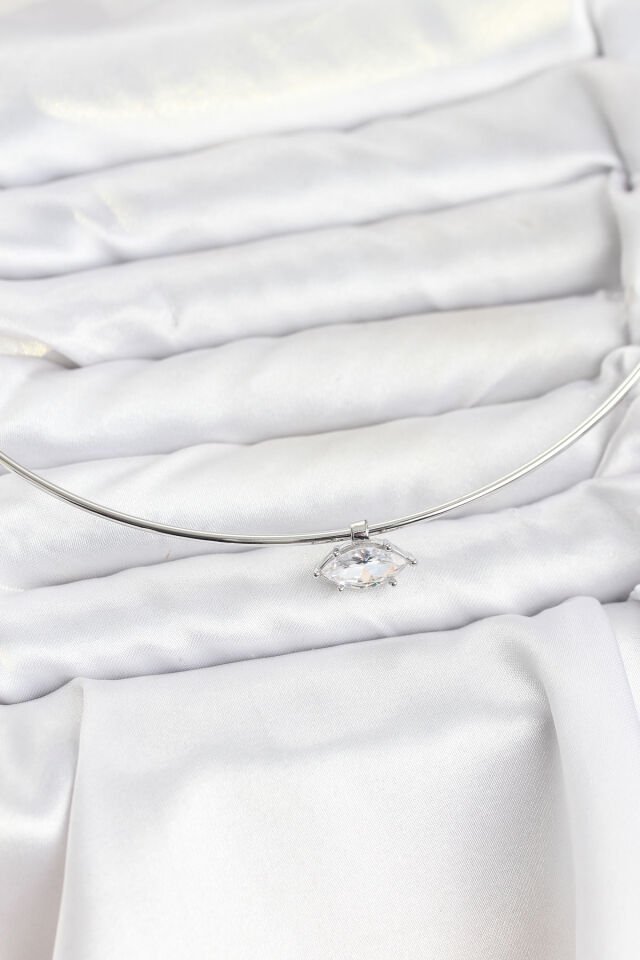Pirinç Gümüş Renk Choker Model Zirkon Taşlı Kadın Kolye - Lisinya