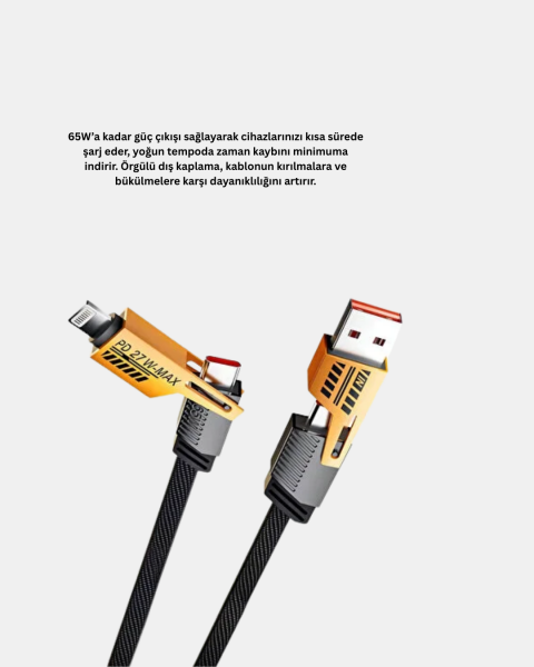 65W 4’ü 1 Arada Örgülü Hızlı Şarj Kablosu USB-C USB-A Çoklu Şarj Dayanıklı - Lisinya