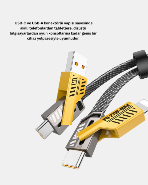 65W 4’ü 1 Arada Örgülü Hızlı Şarj Kablosu USB-C USB-A Çoklu Şarj Dayanıklı - Lisinya