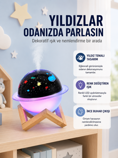 Projektör ışıklı ve aromaterapi destekli taşınabilir nemlendirici cihaz USB bağlantılı - Lisinya