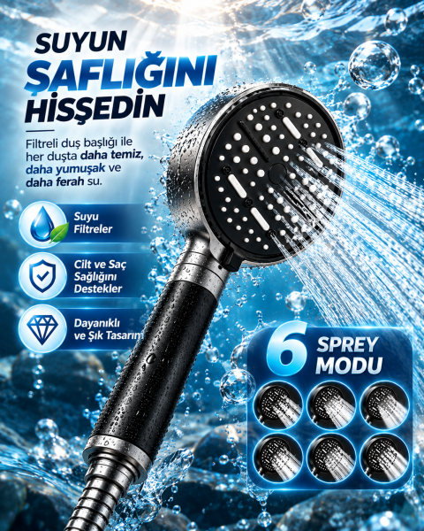 6 Sprey Modlu Filtreli Duş Başlığı Büyük Su Paneli Silikon Nozullu Modern Tasarım