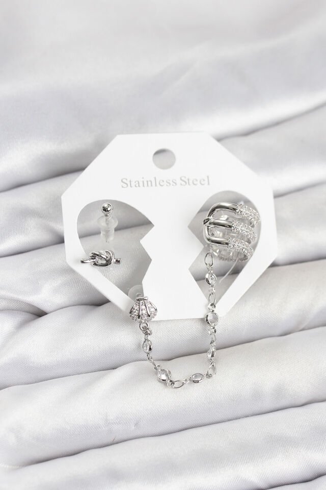 Pirinç Gümüş Renk Sarmal Model Zincir Bağlantılı Ear Cuff Küpe Seti - Lisinya