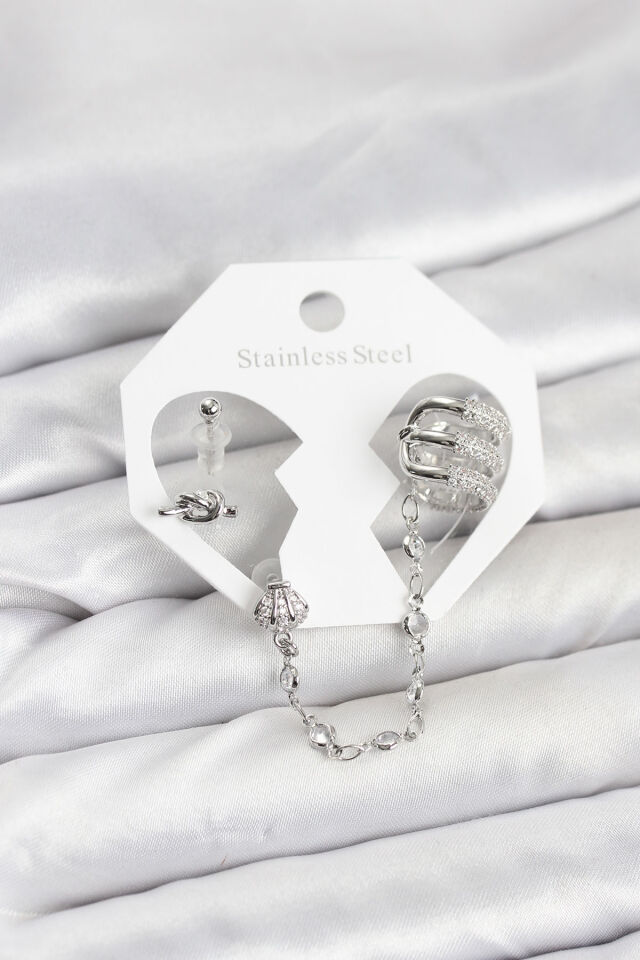Pirinç Gümüş Renk Sarmal Model Zincir Bağlantılı Ear Cuff Küpe Seti - Lisinya