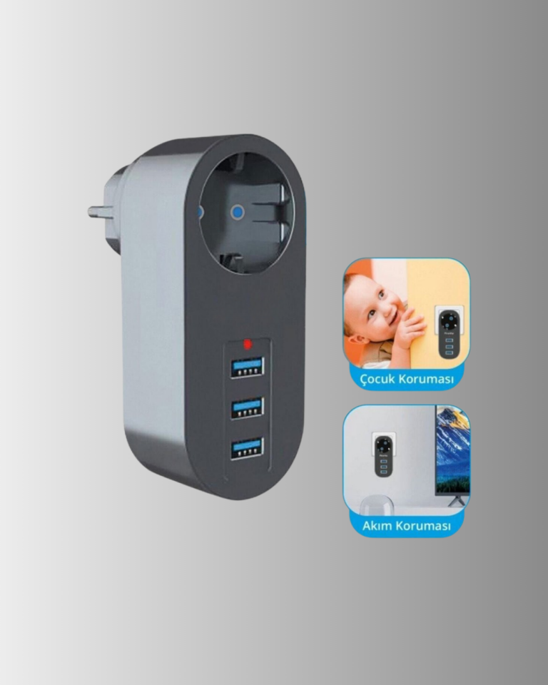 Isıya Dayanıklı 3 USB Portlu Güvenlikli Priz – Akıllı Enerji Yönetimi - Lisinya