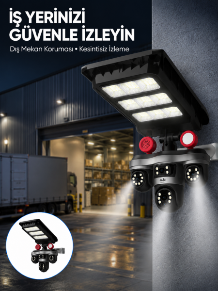 Solar Panelli 3 Lens Dış Mekan Güvenlik Kamerası Hareket Algılamalı LED Aydınlatmalı - Lisinya