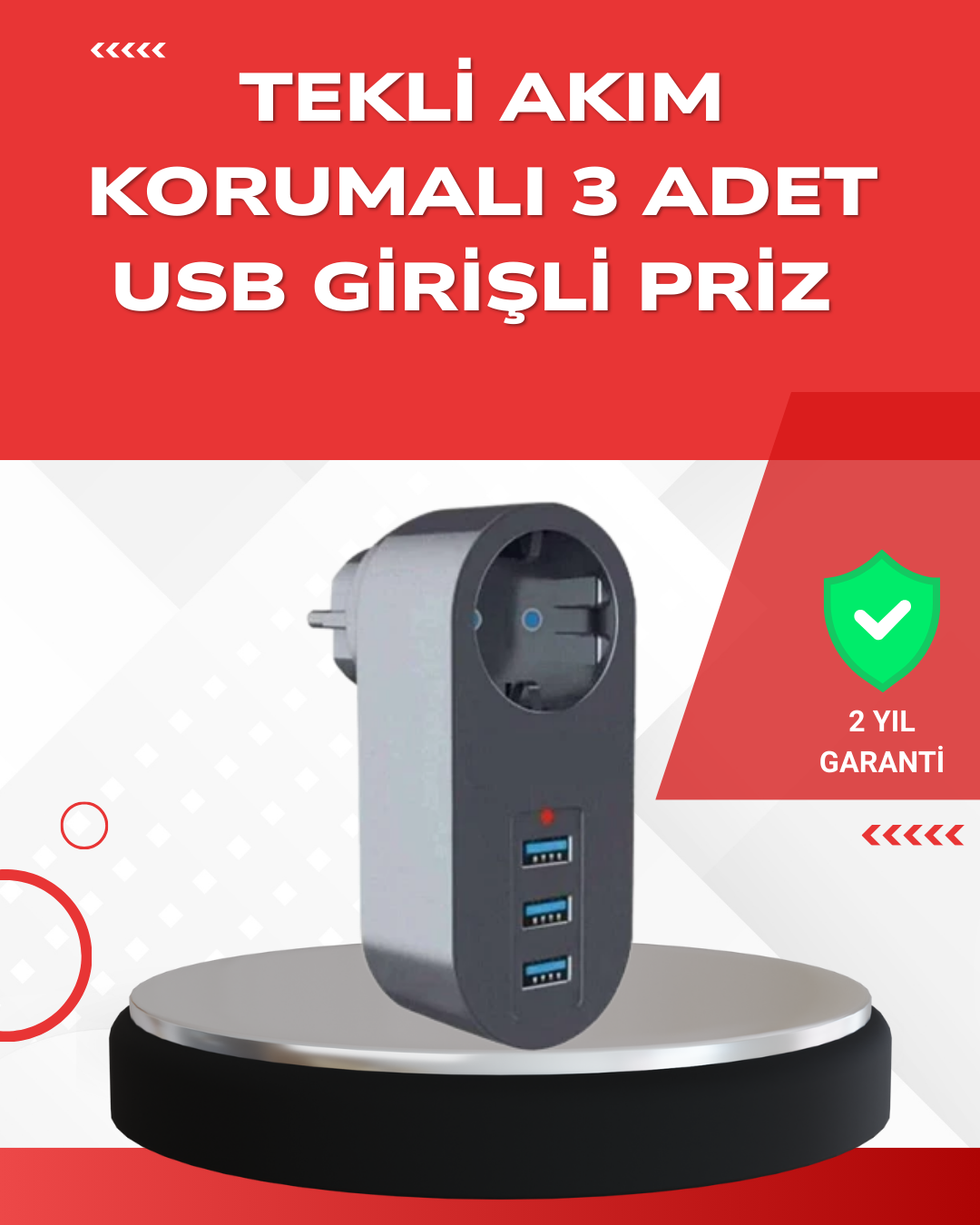 2500W Güç Destekli Akım Korumalı Priz – 3 USB Çıkışlı - Lisinya