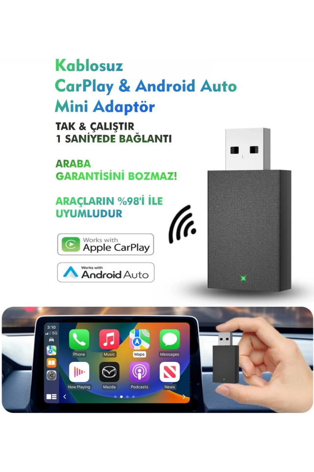YamanHobi Kablosuz Android Auto ve CarPlay USB Dongle Araç Adaptörü Siyah