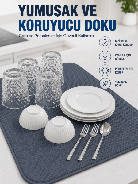 Su Emici Bulaşık Kurutma Matı Kaydırmaz ve Yumuşak Dokulu Kurutmalık - Lisinya