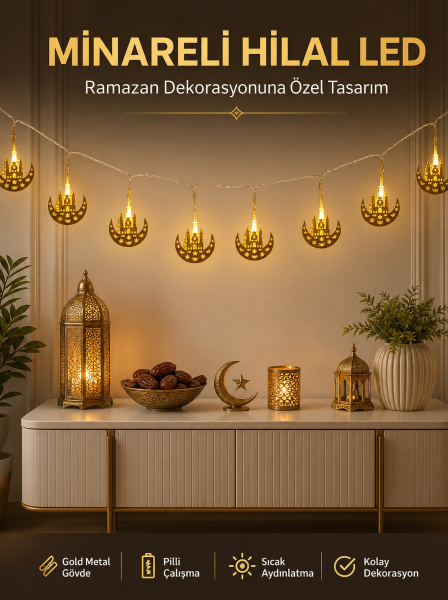 Dekoratif Minareli Hilal LED Işık Metal Gövdeli Ramazan Aydınlatma - Lisinya