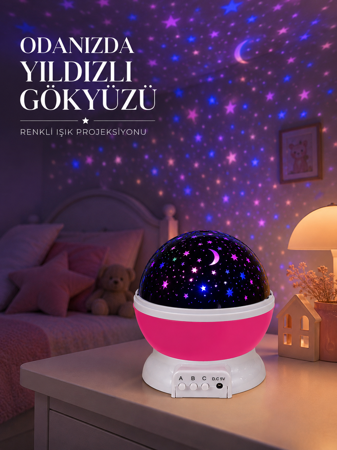 Pembe Döner Yıldız Projektörü USB ve Pilli Kullanımlı Gece Lambası - Lisinya
