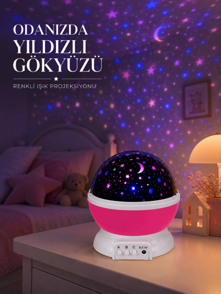 Pembe Döner Yıldız Projektörü USB ve Pilli Kullanımlı Gece Lambası - Lisinya